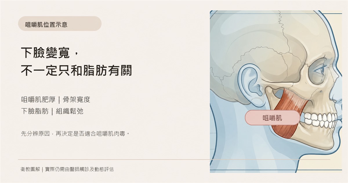 咀嚼肌位置,以及下臉寬可能和肌肉、骨架、脂肪與鬆弛相關的衛教圖解