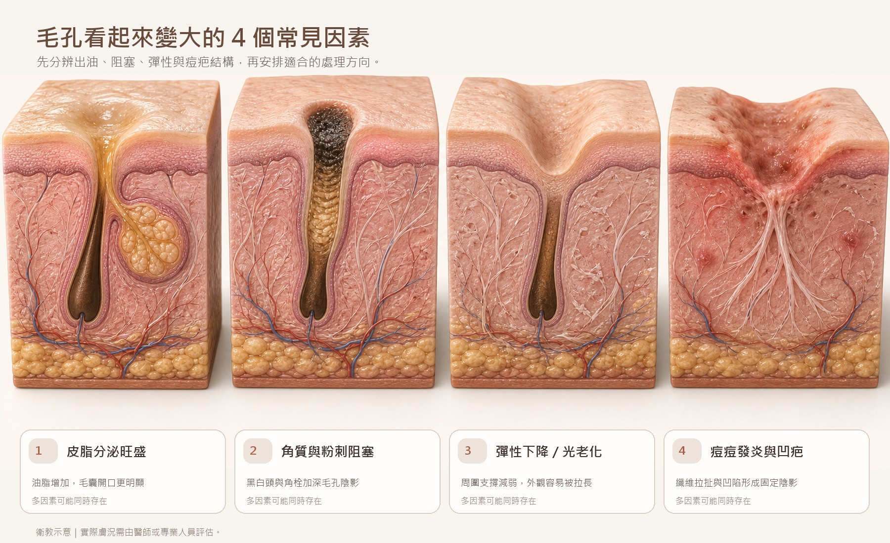 皮脂分泌、粉刺阻塞、彈性下降與痘疤凹凸造成毛孔粗大的四種常見因素
