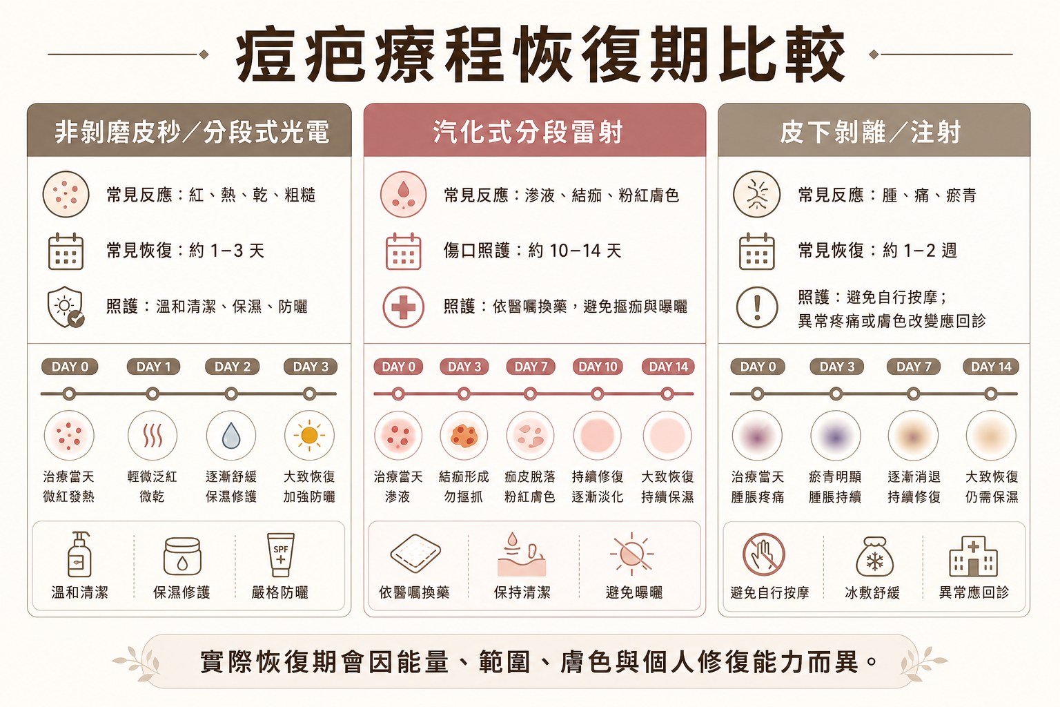 非剝磨皮秒、汽化式分段雷射與皮下剝離注射的恢復期比較