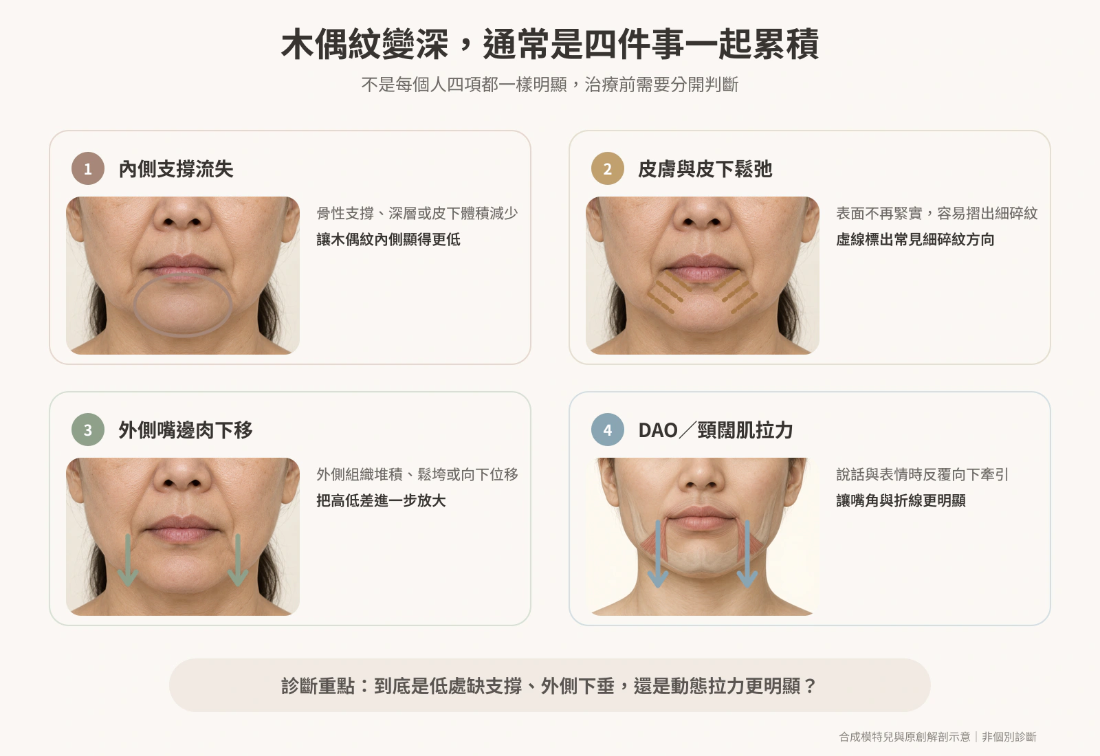 流失、鬆弛、下垂與肌肉拉力讓木偶紋加深的四個因素