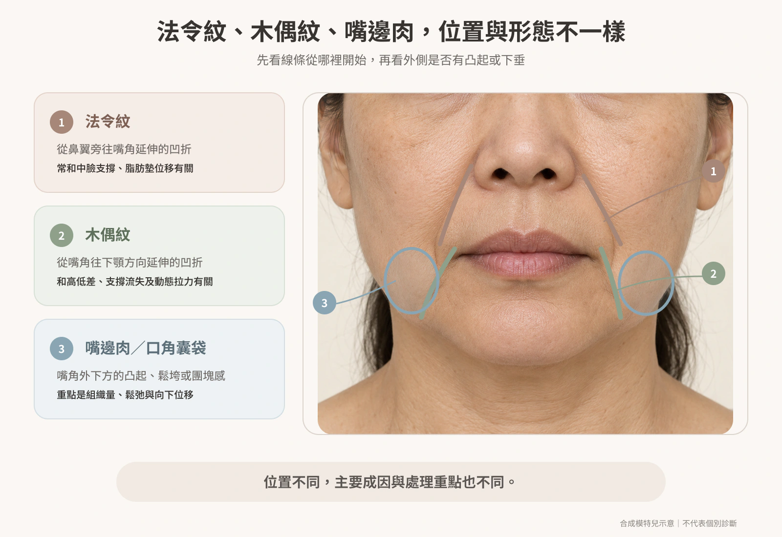 木偶紋、法令紋與嘴邊肉位置差異示意