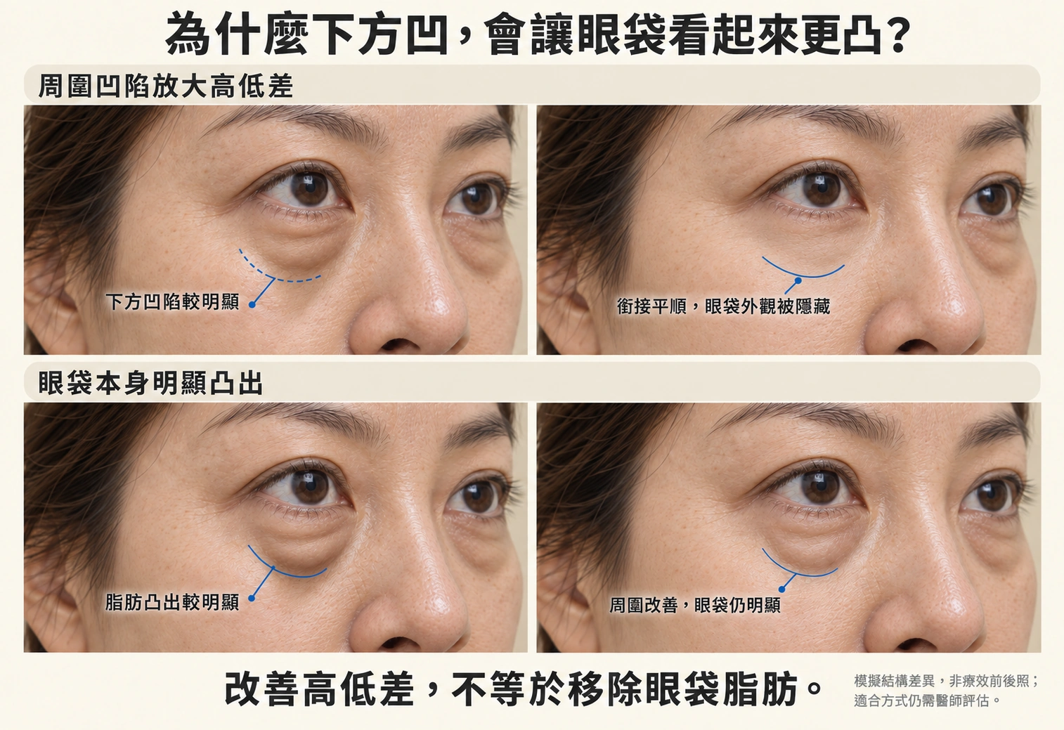 中臉凹陷讓眼袋更顯眼銜接後外觀被隱藏與脂肪明顯凸出仍可見的模擬比較
