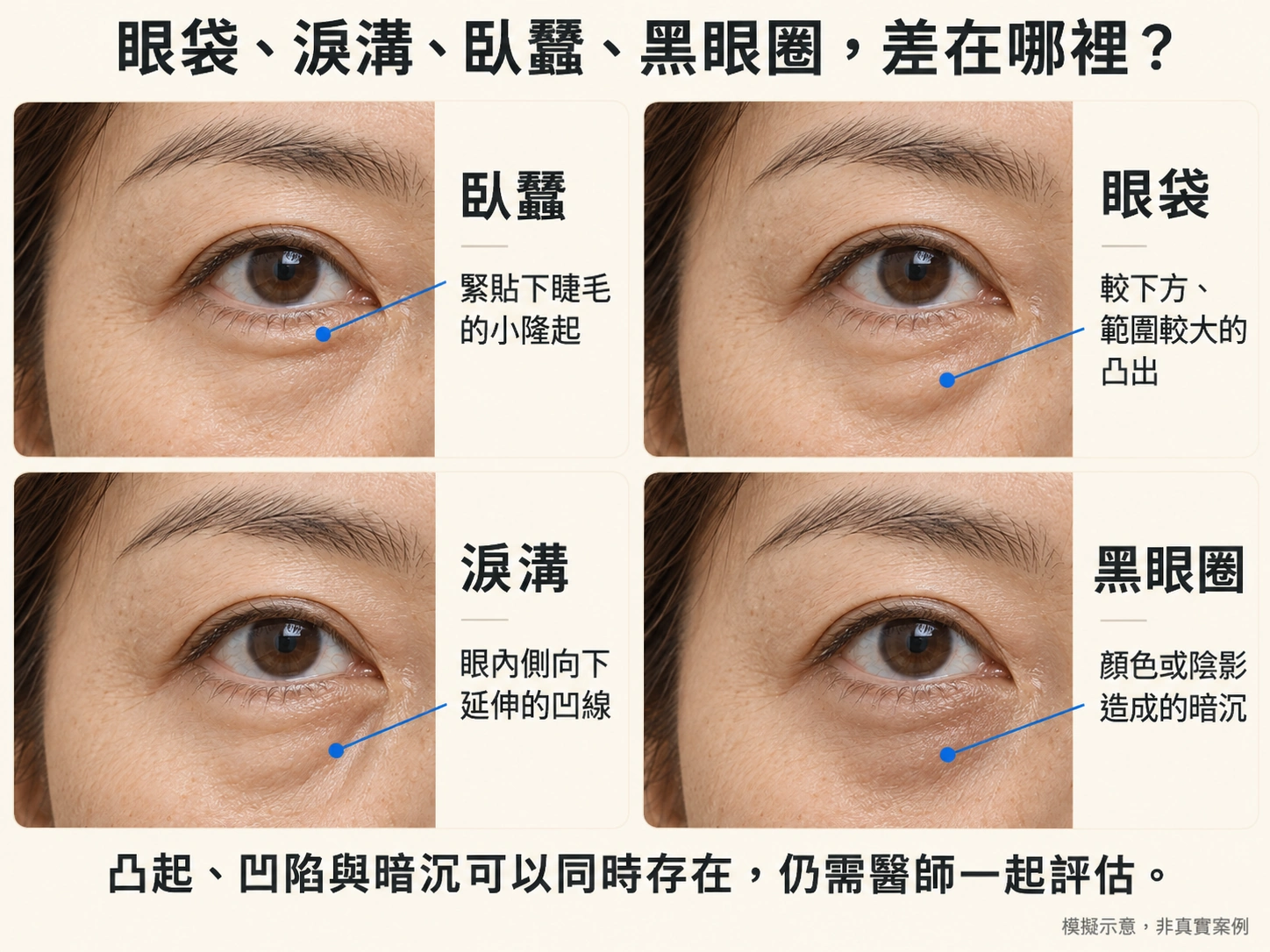 臥蠶眼袋淚溝與黑眼圈的寫實位置差異示意