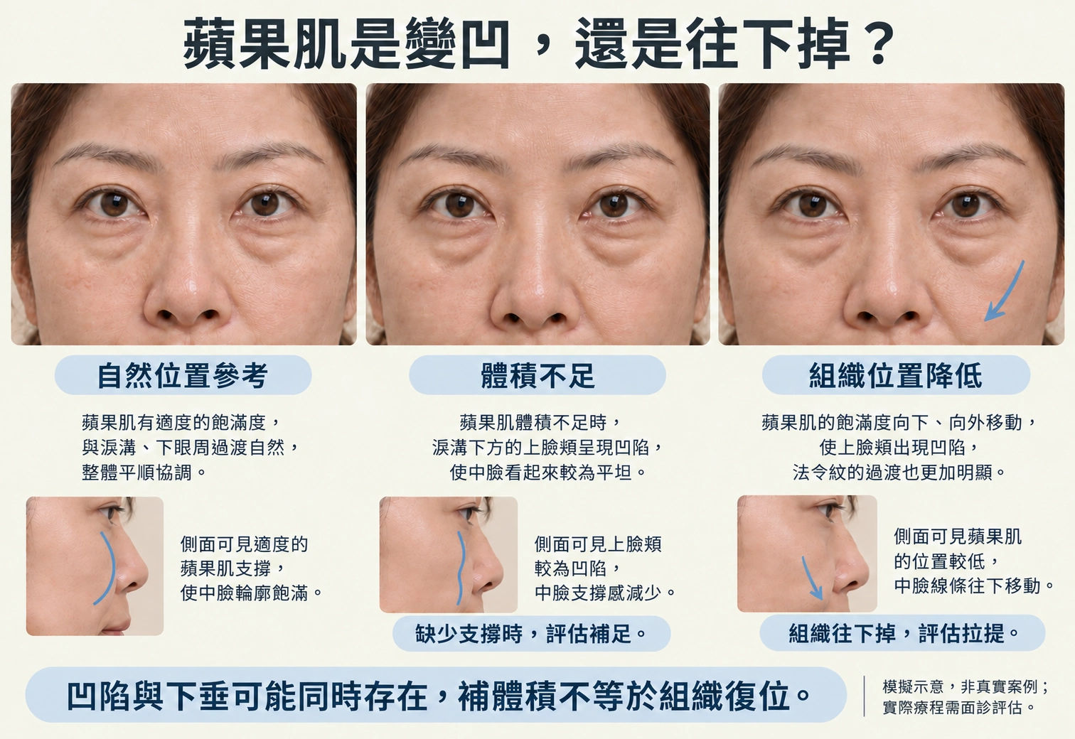 蘋果肌體積不足與組織下垂的正面及側面比較,側面藍線位於前側臉頰
